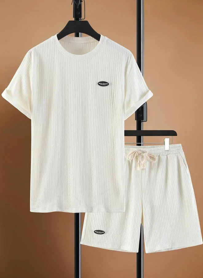Take Two Men Cream Textured Short Sleeve Shirt and Drawstring Shorts Set